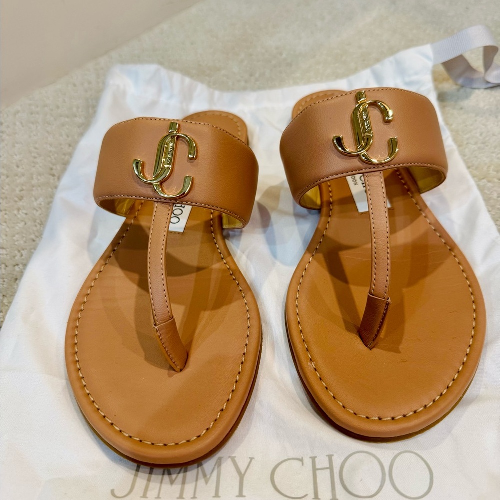 Jimmy Choo Tan T-Strap Sandals with Gold Metallic Accents